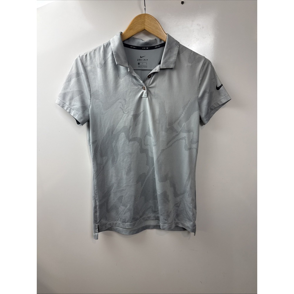 Nike Polo Shirt Womens Small Gray Dri-FIT Stripe Short Sleeve Golf Athletic Top